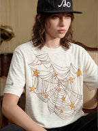 YADcrew Pearl Studded Star Spider Web Print Tee