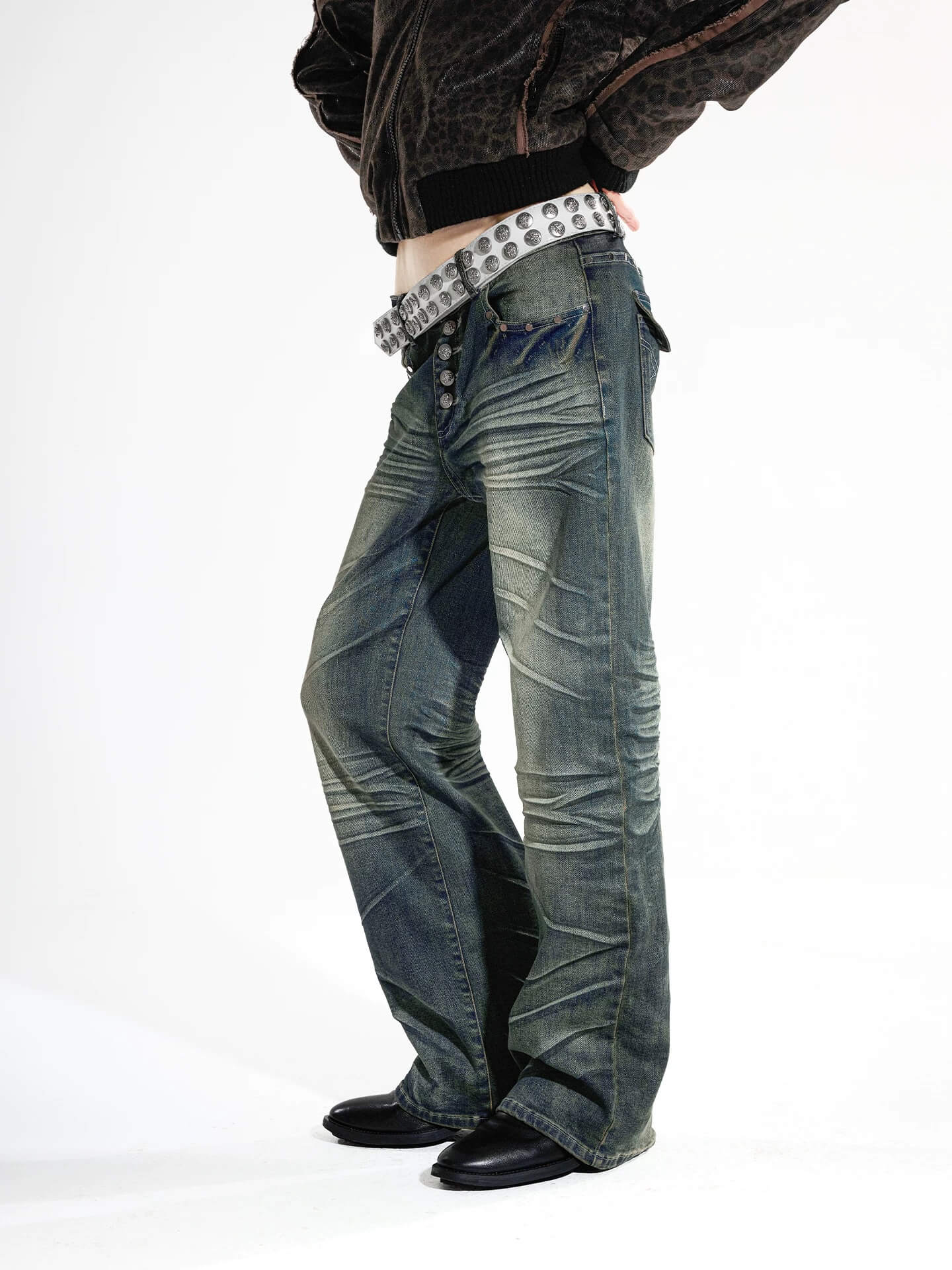 Night Lab Studded Button Fly Whisker Washed Jeans
