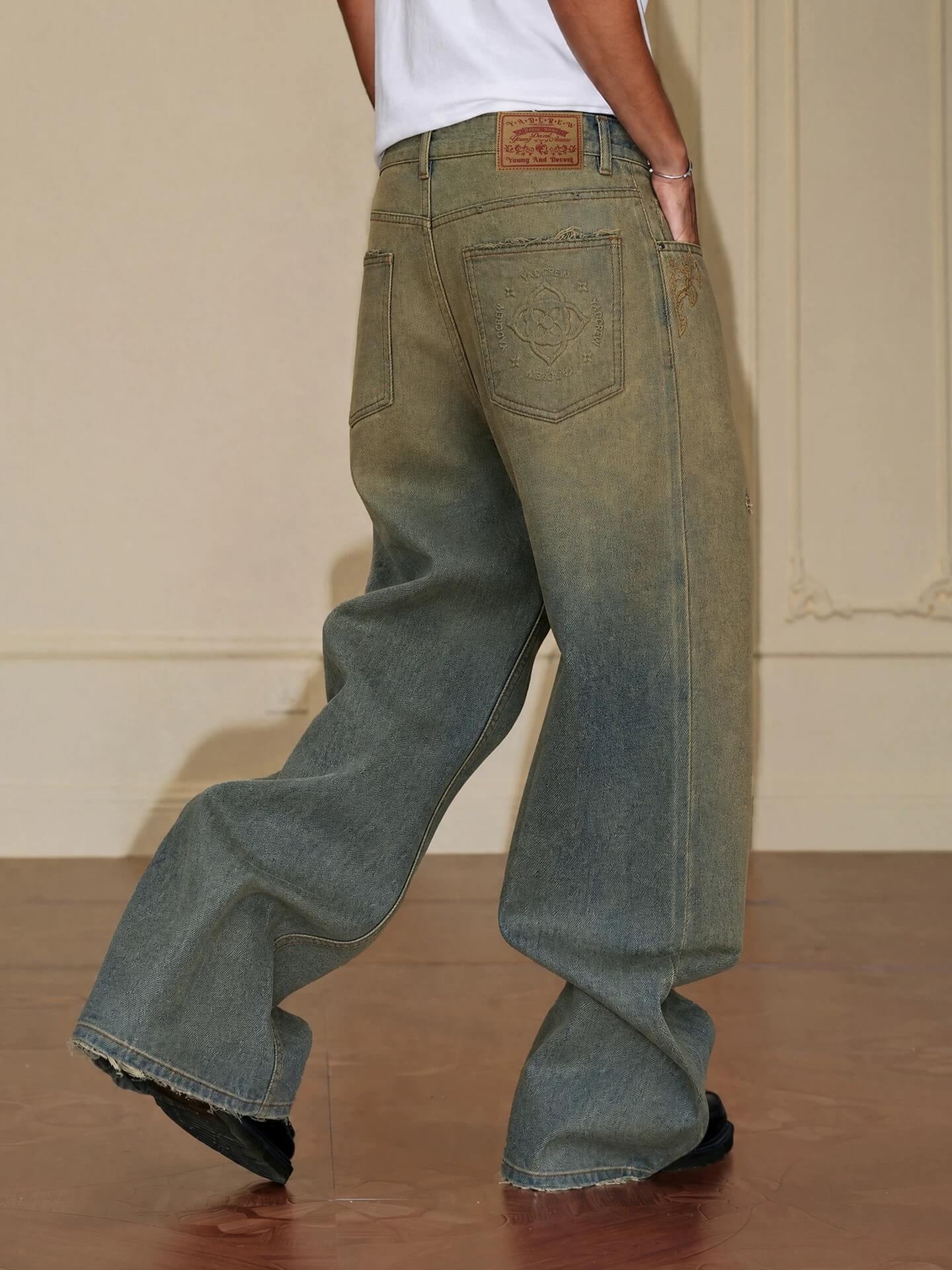 YADcrew Baroque Embroidered Distressed Wash Slight Flare Jeans