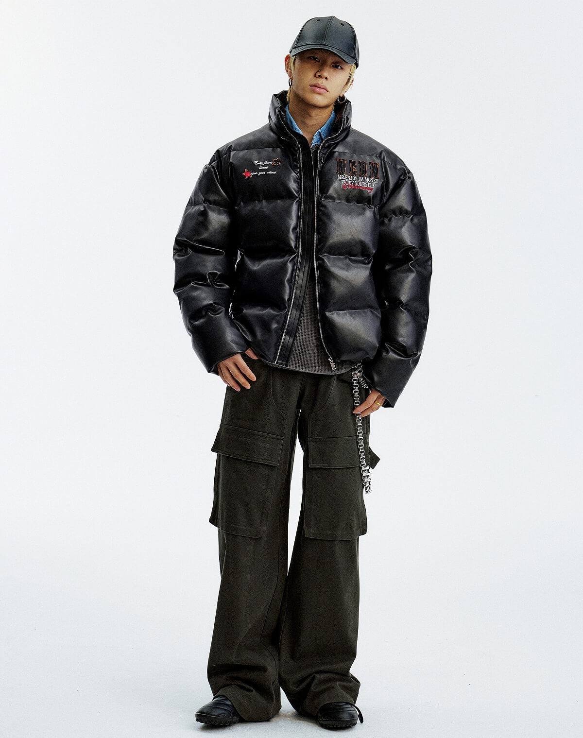 MEDM Leopard Patch PU Leather Puffer Jacket