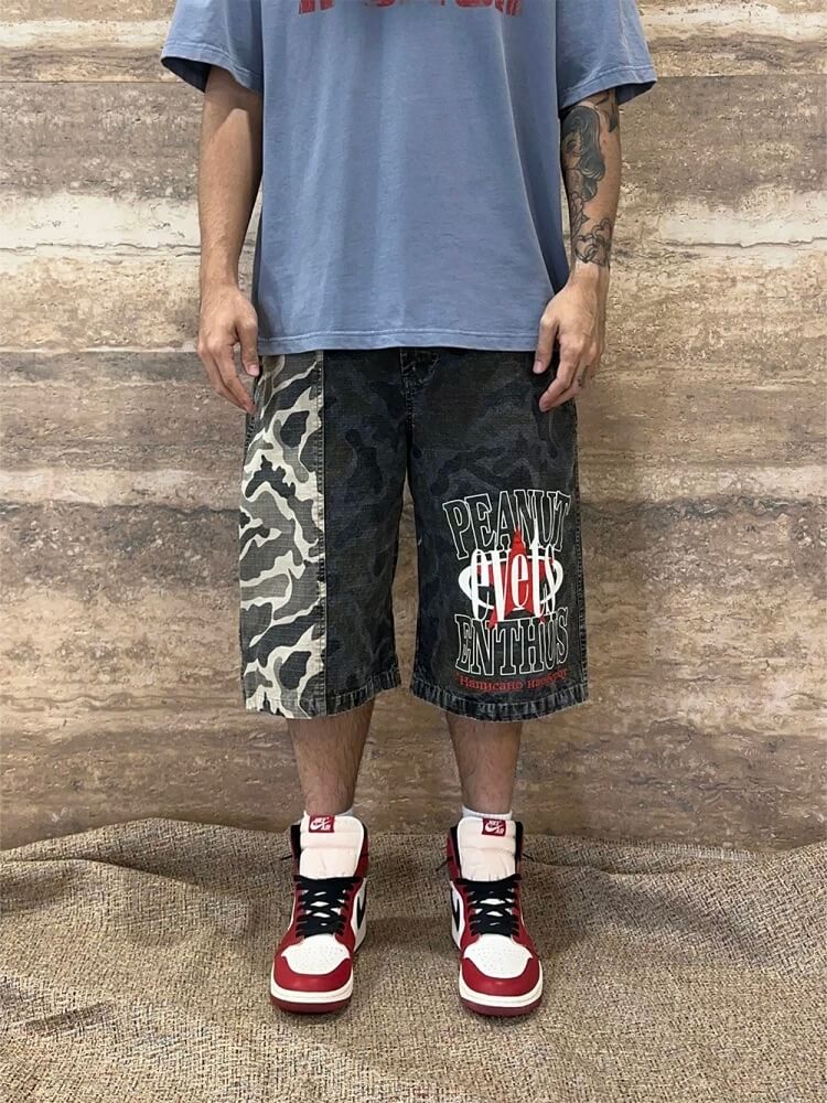 EVETS Washed Faded Camouflage Patchwork Shorts