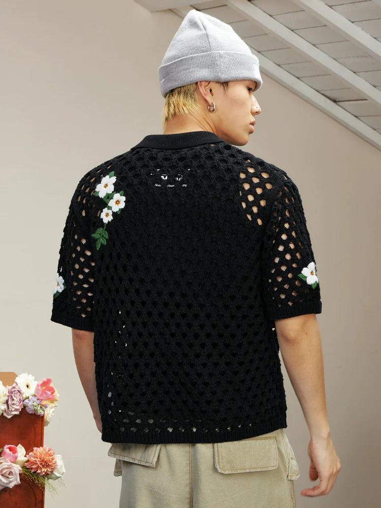 MEDM Flower Embroidery Open Knit Short Sleeve Shirt