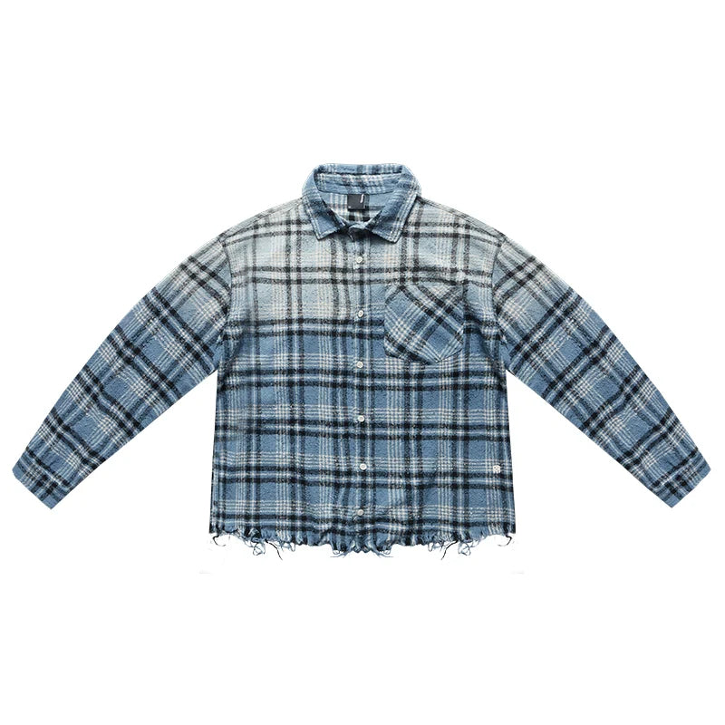 Remedy Washed Gradient Plaid Cutoff Long Sleeve Shirt