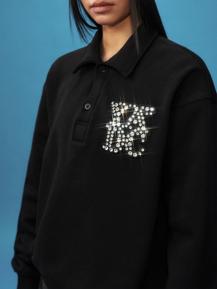 YADcrew Diamond-Studded Leather Logo Polo Sweatshirt