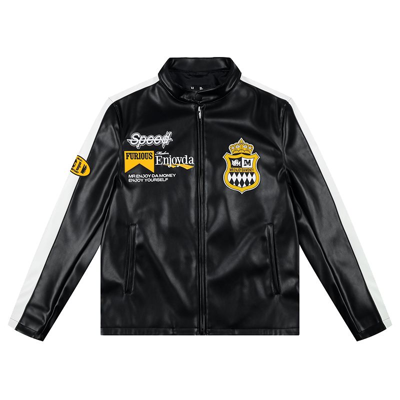 MEDM Striped Embroidered PU Leather Single Rider Jacket