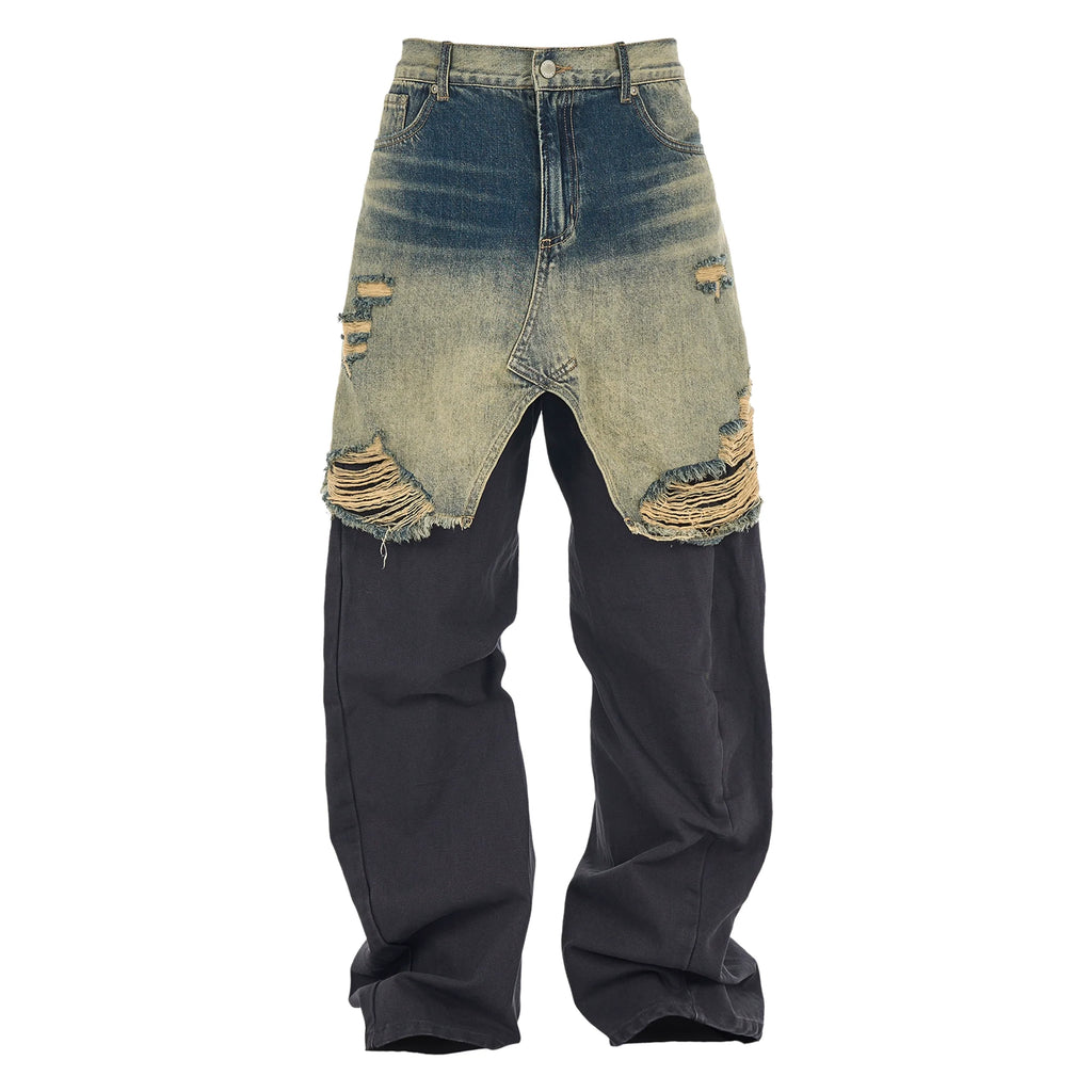 STEEPC Layered Design Washed Distressed Baggy Jeans