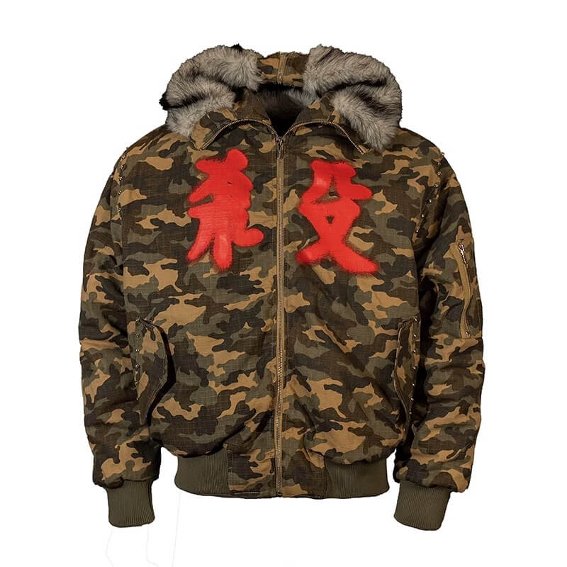 TGFCLUB Washed Camo Studded Faux Fur Hooded Jacket