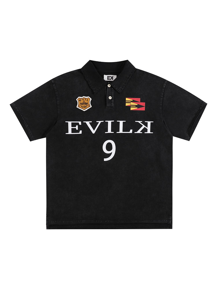 EVILKNIGHT(EK) Embroidered and Logo Printed Washed Polo