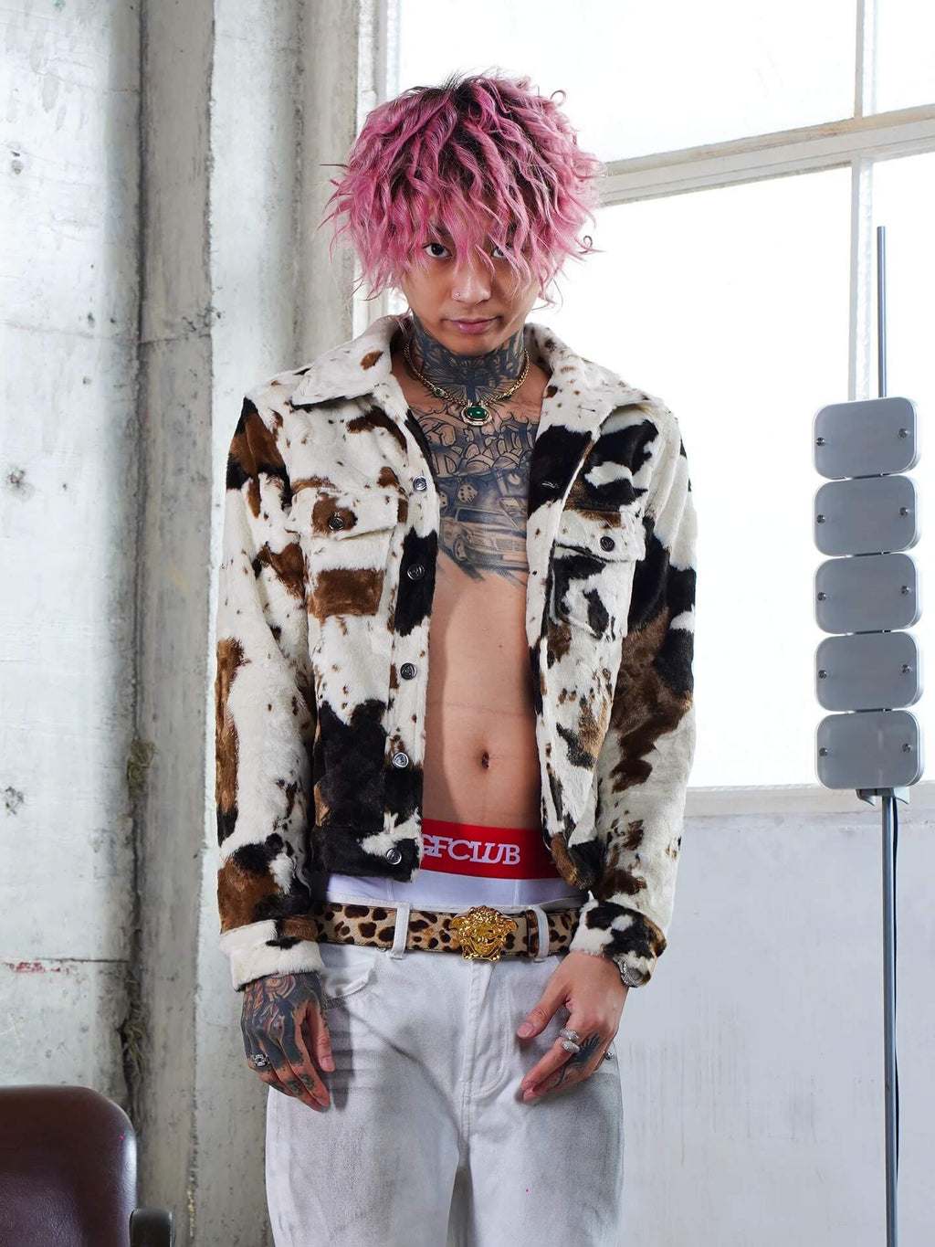 TGFCLUB Cow Print Faux Fur Leather Slim Fit Jacket