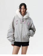 MEDM Animal Logo Patch Fur Hooded Bomber Jacket