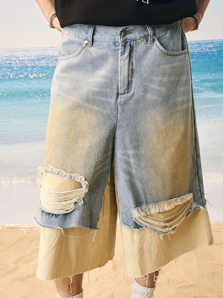Harsh and Cruel Distressed Wash Layered Denim Shorts
