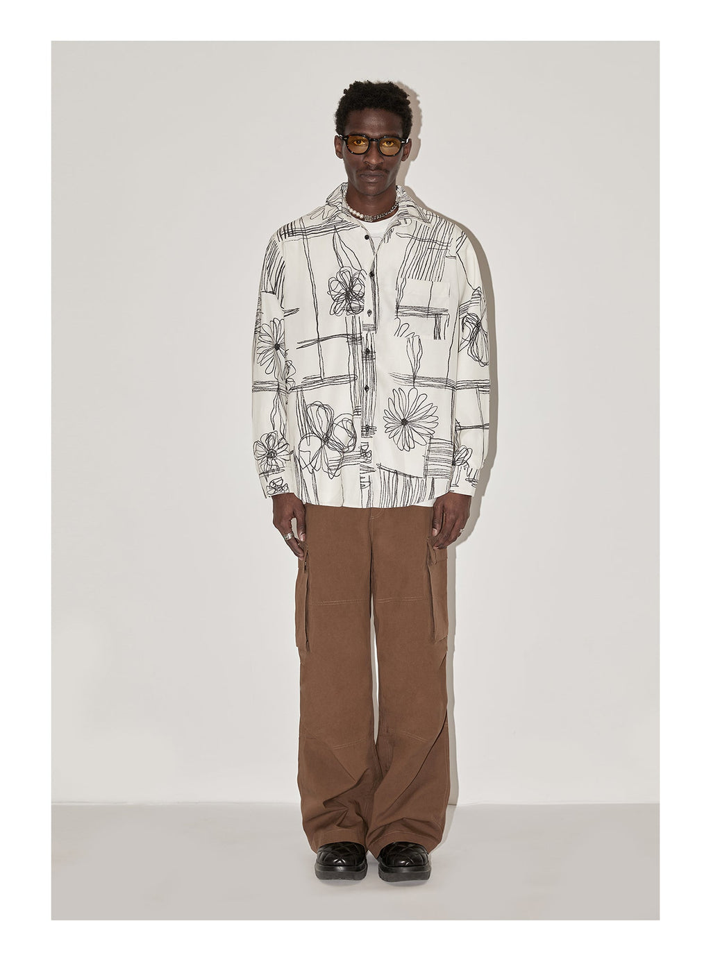 EMPTY REFERENCE Sketch Plaid Floral Print Long Sleeved Shirt