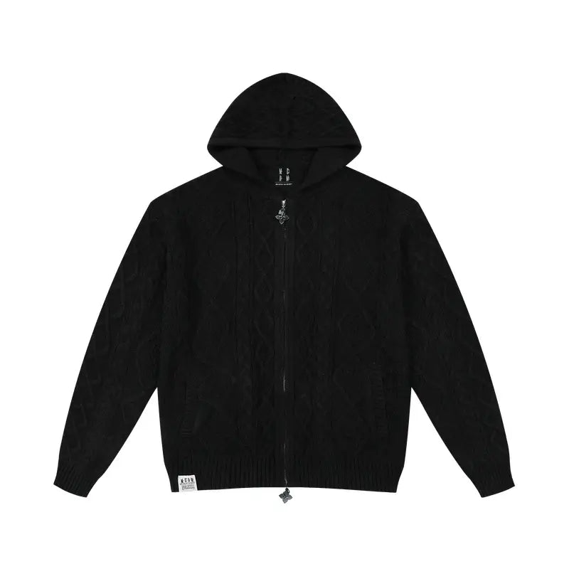 MEDM Hooded Cable Knit Zip Up Cardigan