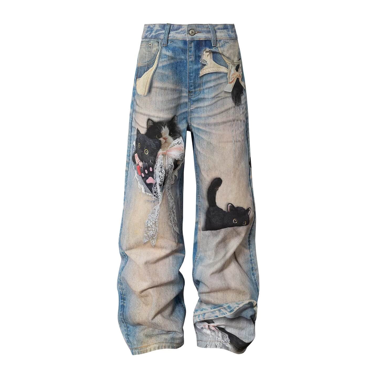 YADcrew Black Cat And Bow Print Baggy Jeans