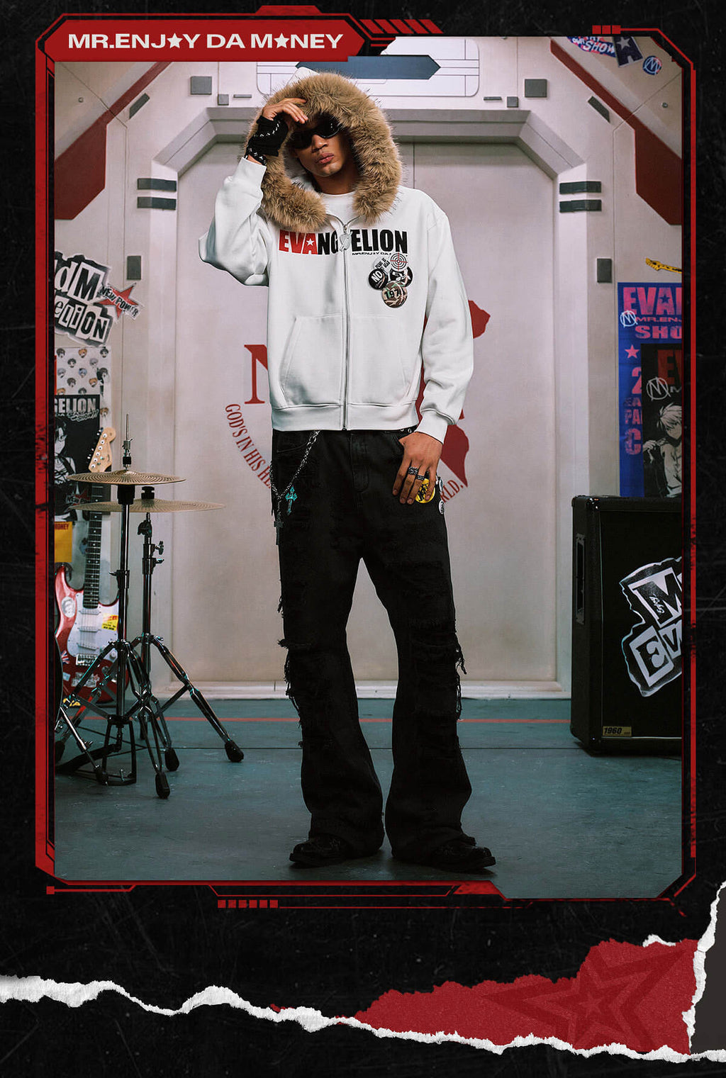 MEDM x EVA NEVER END Character Print Logo Embroidered Fur Hood Zip Up Hoodie