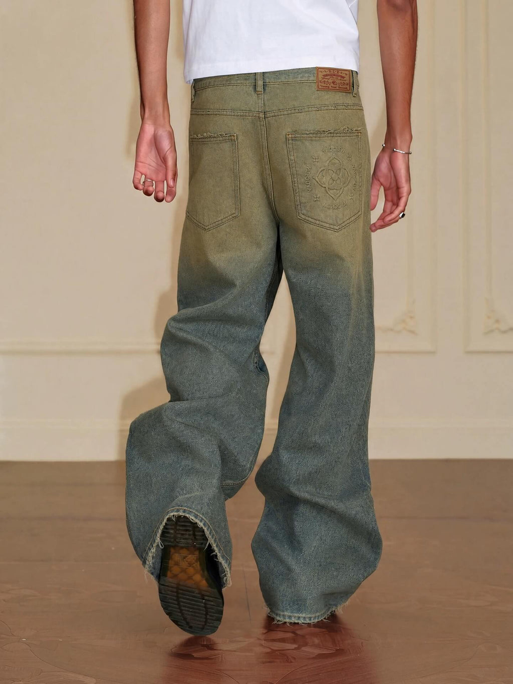 YADcrew Baroque Embroidered Distressed Wash Slight Flare Jeans