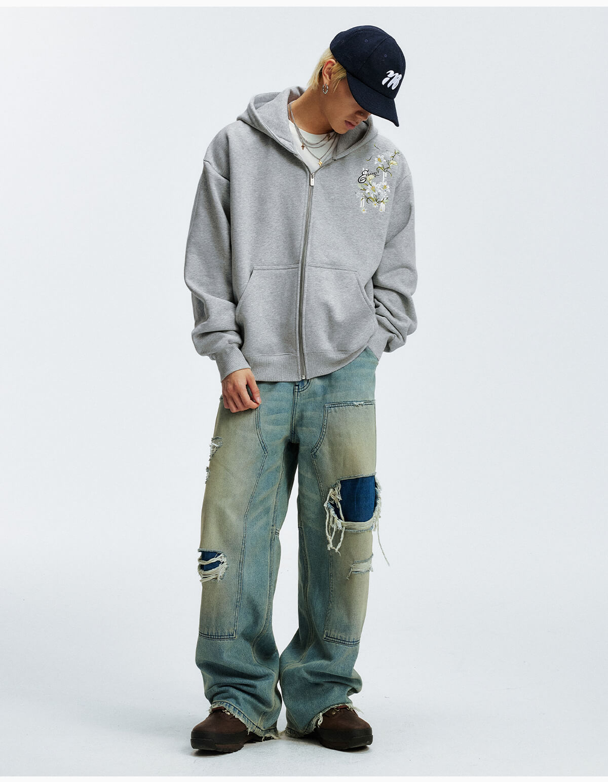 MEDM Rose Embroidered Zip Up Hoodie