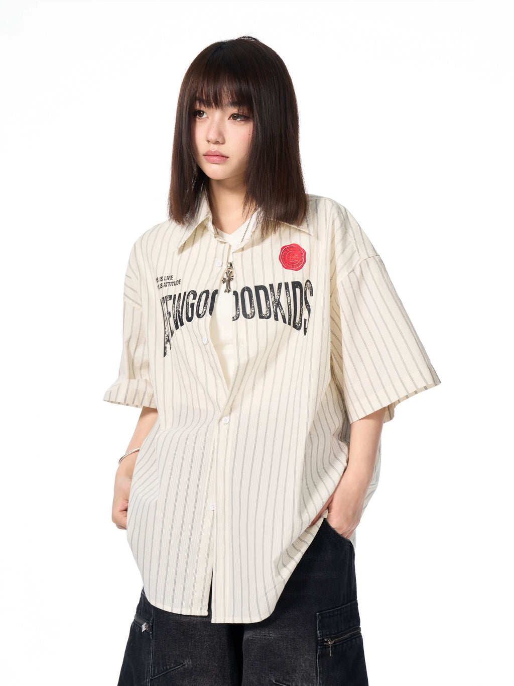 AFGK Striped Logo Print Short Sleeve Shirt