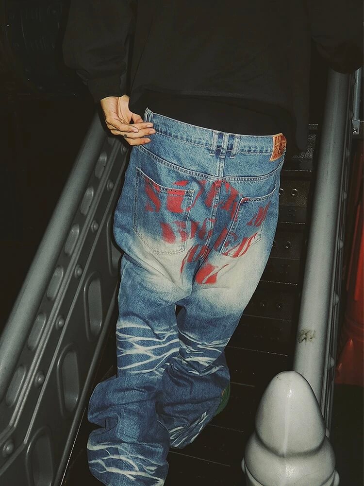 EVETS Dirty Wash Print Baggy Jeans