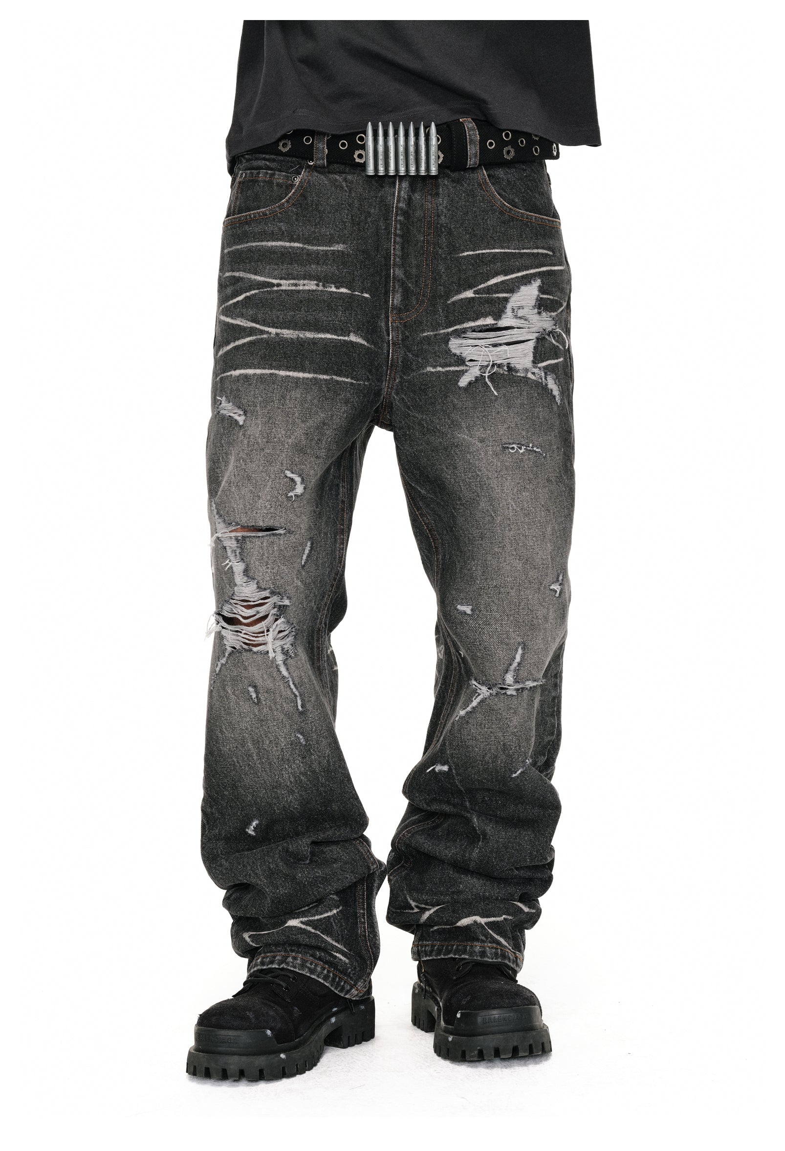 ANTIDOTE Irregular Torn Hole Washed Flared Jeans