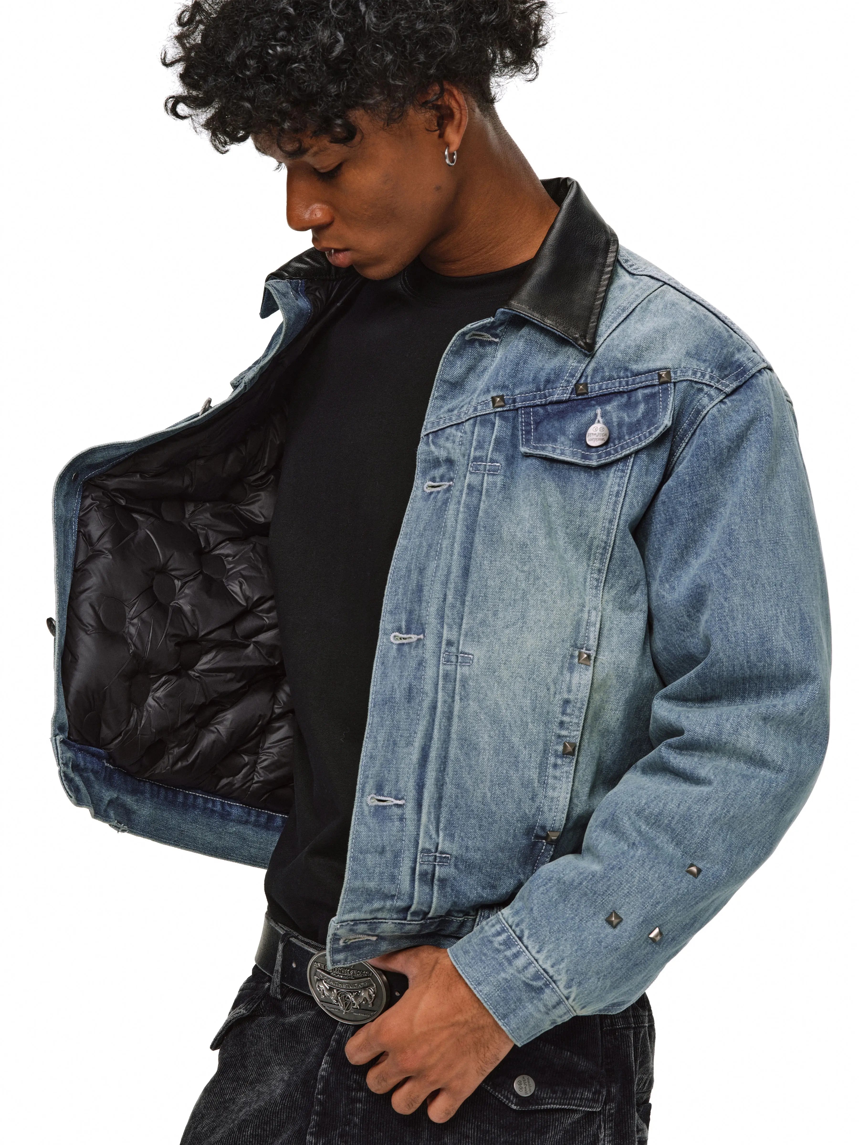 ANTIDOTE Rivet Studded Fleece Lined Denim Jacket