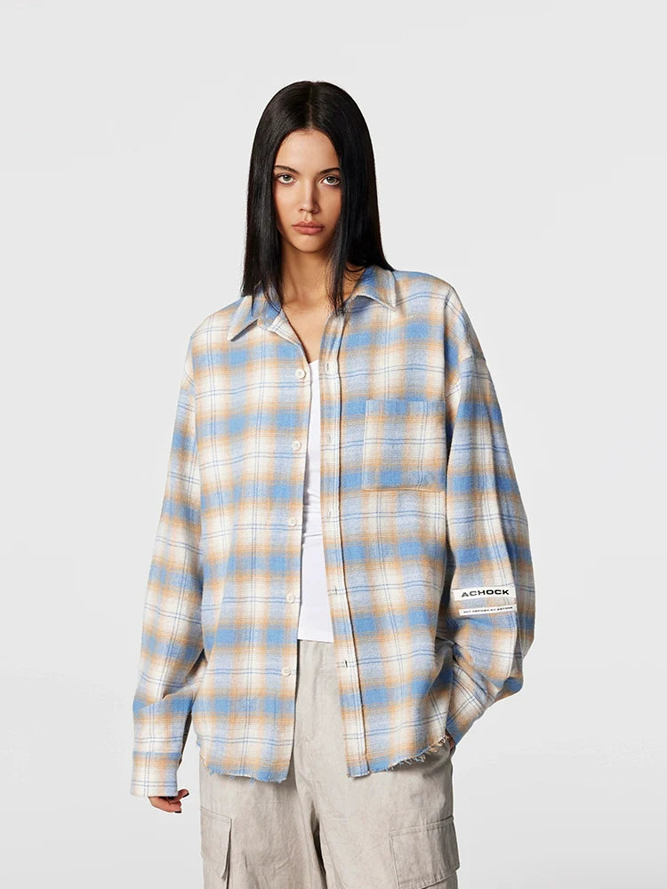 Achock Plaid Raw Hem Long Sleeved Shirt
