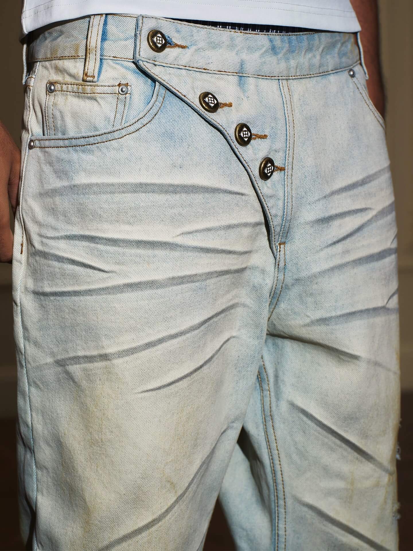 YADcrew Heavy Wash Distressed Cross Motif Button Jeans