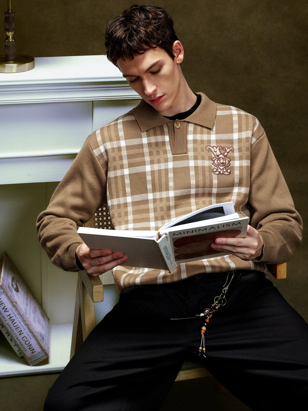 YADcrew Pearl Logo Embroidery Plaid Polo Knit Sweater