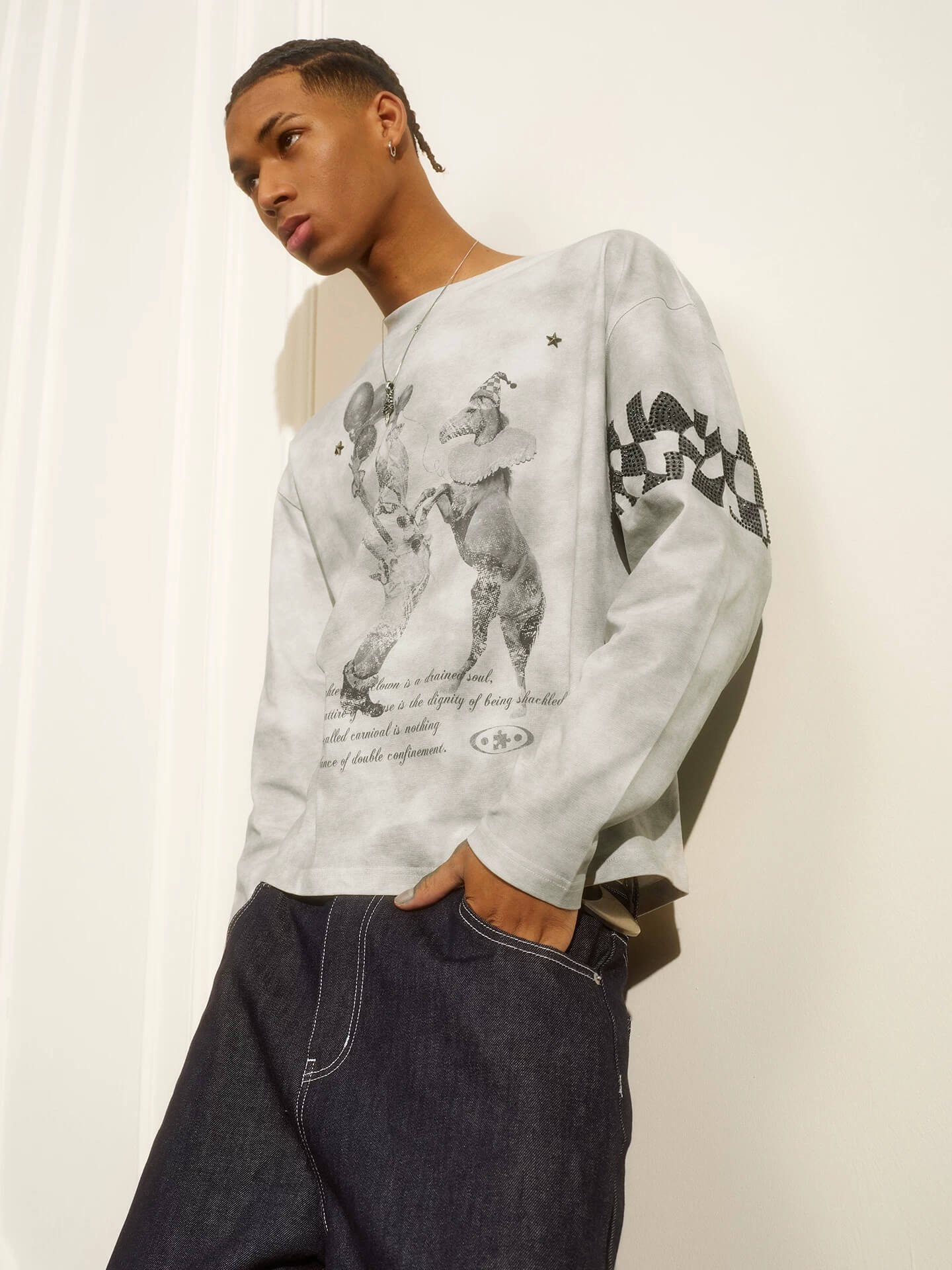 YADcrew Dirty Washed Circus Star Studded Long Sleeve Tee