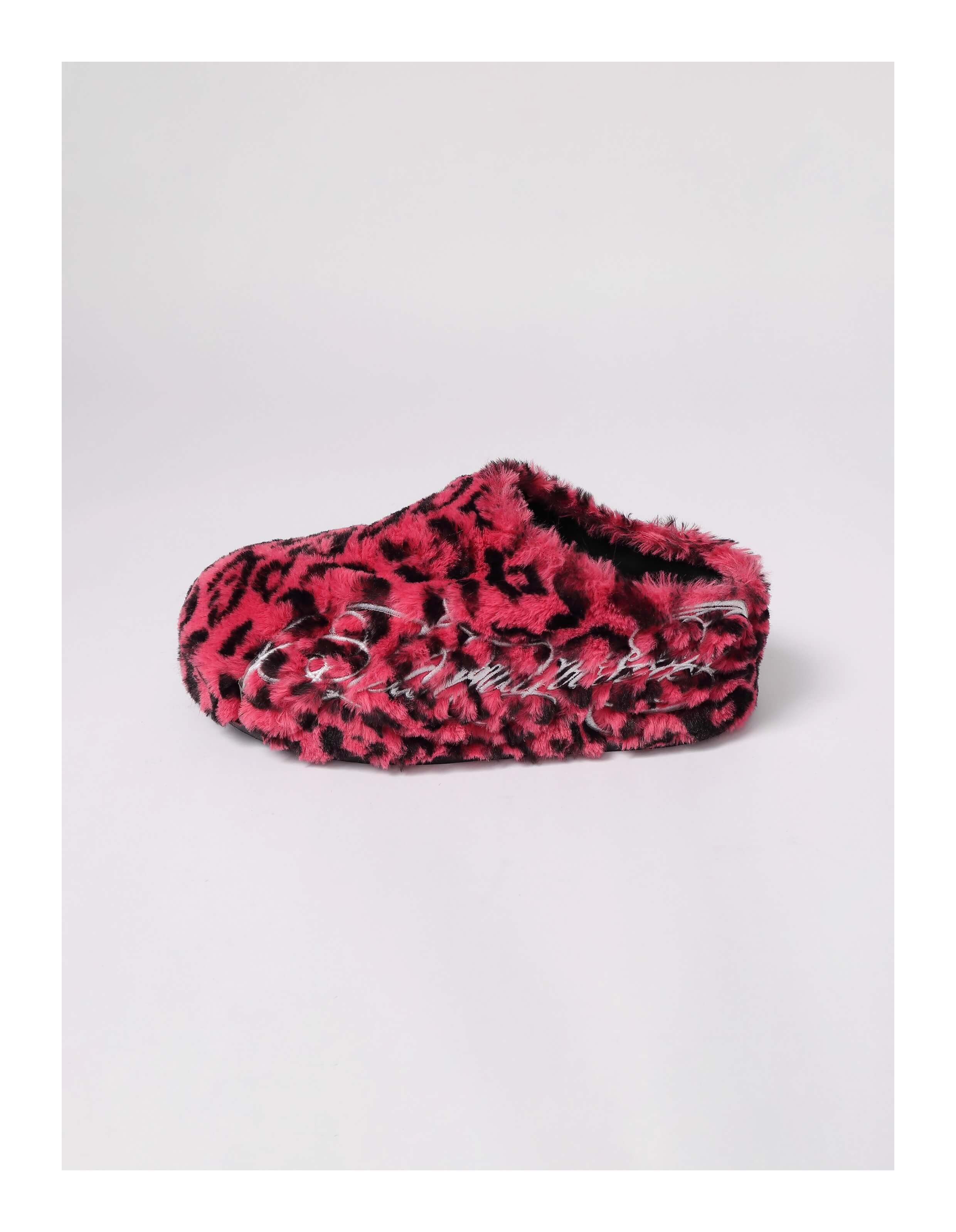 KARMANISTIC Rose White Leopard Fur Embroidered Slipper Clogs