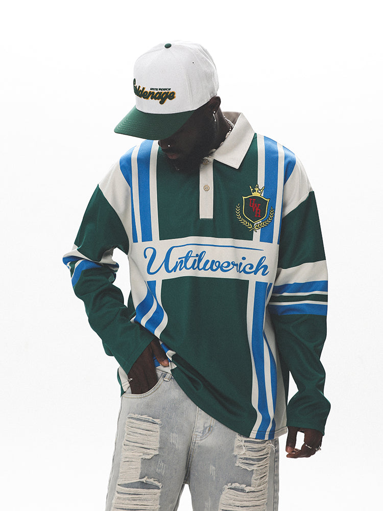 UNTILWERICH Color Blocking Striped Long Sleeve Polo Jersey