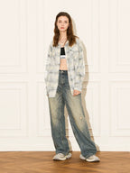 EMPTY REFERENCE Raw Edge Plaid Bubble Print Long Sleeve Shirt