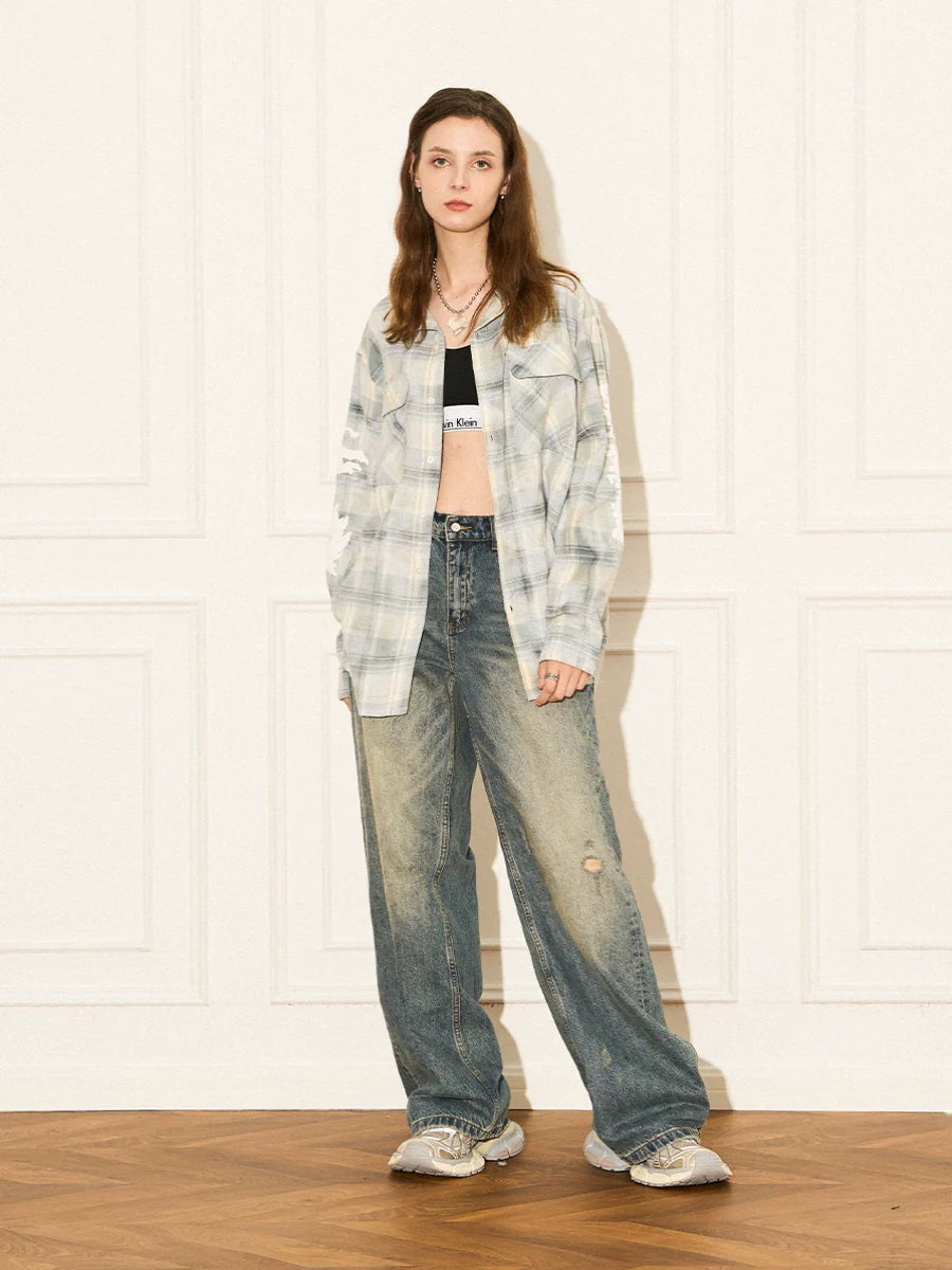 EMPTY REFERENCE Raw Edge Plaid Bubble Print Long Sleeve Shirt