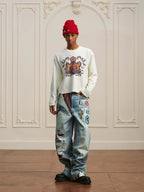 YADcrew Horse Vintage Print Waffle Long Sleeve Tee