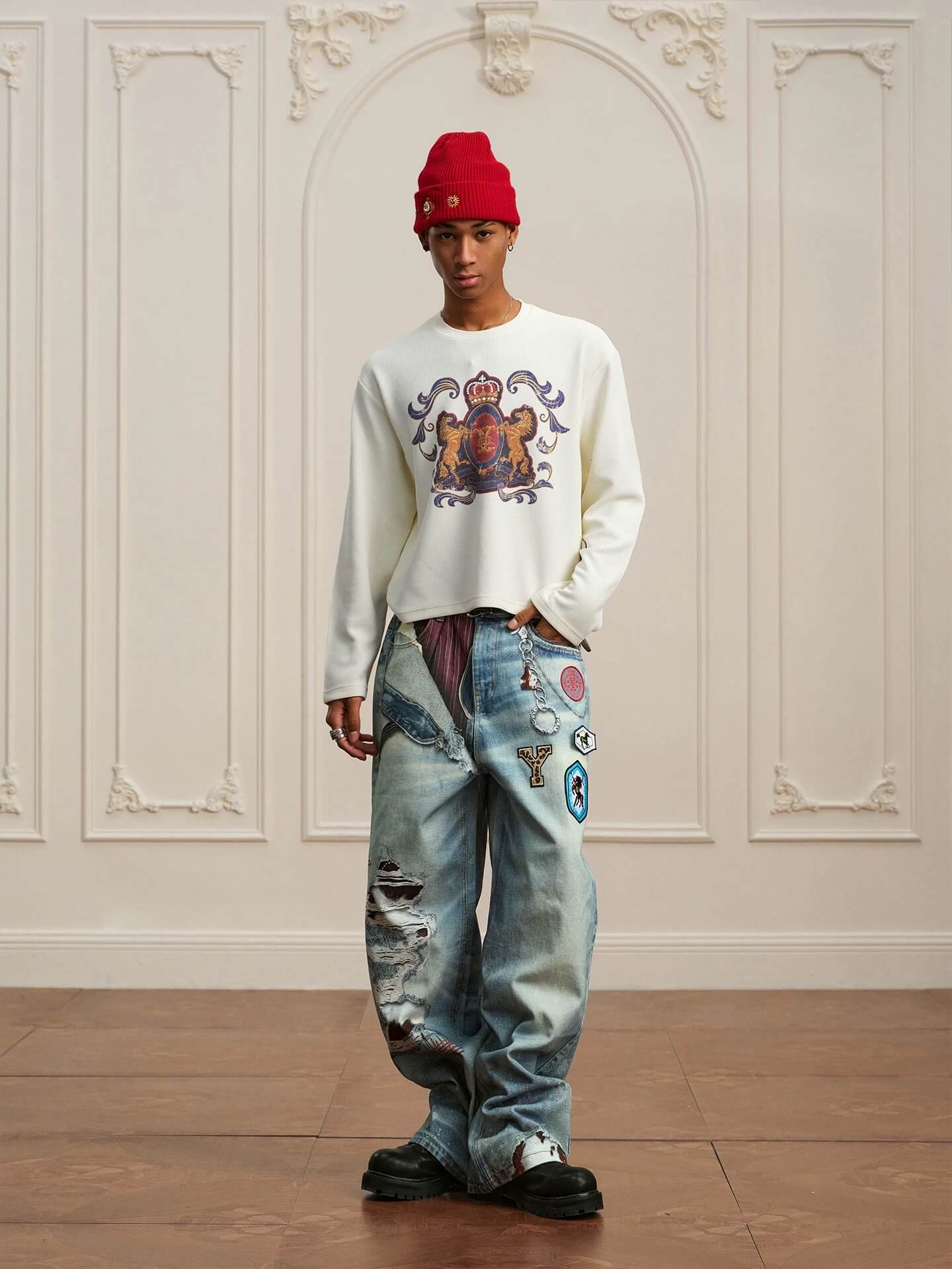YADcrew Horse Vintage Print Waffle Long Sleeve Tee
