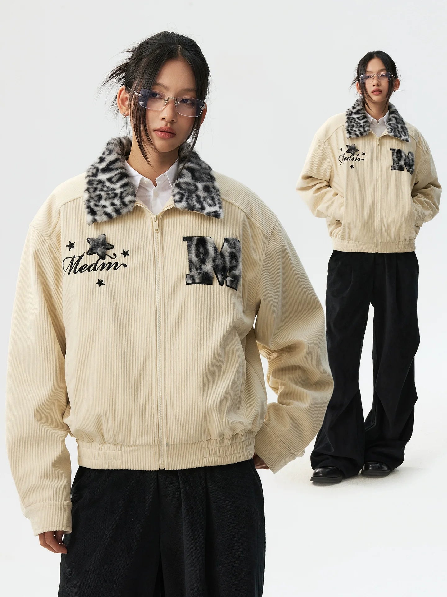 MEDM Leopard Fur Collar Corduroy Jacket