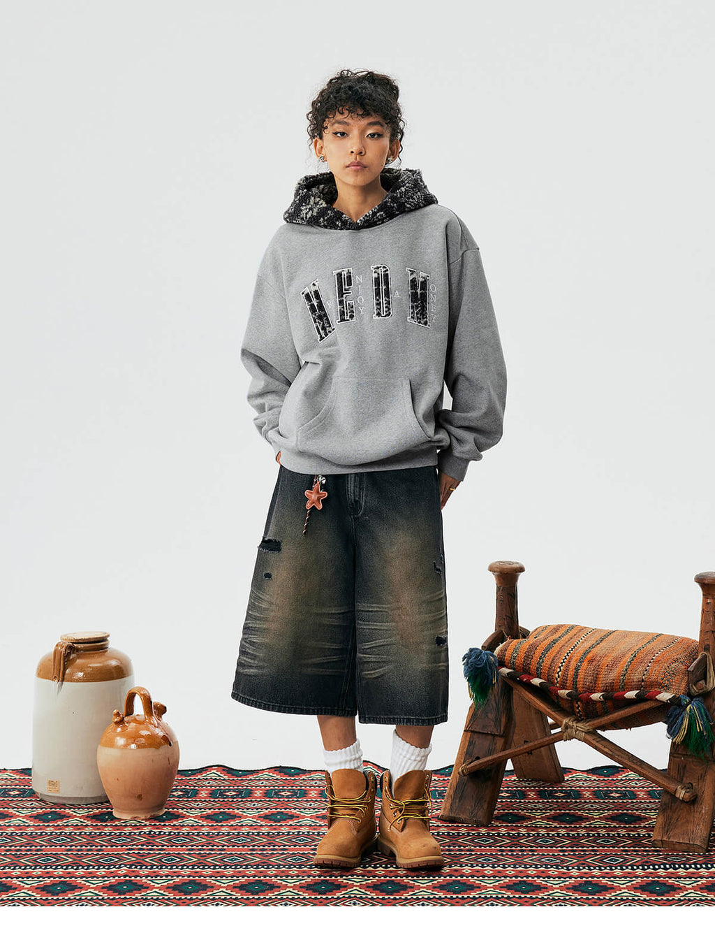 MEDM Patterned Sherpa Hood Patchwork Hoodie