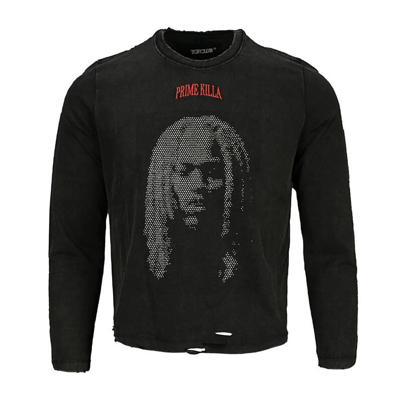 TGFCLUB Rhinestone Portrait Heavy Washed Distressed Long Sleeve Tee