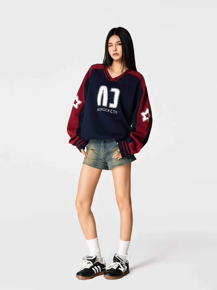 Achock Color Blocking V-Neck Sweatshirt