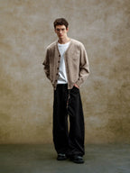 YADcrew Cable Rib V Neck Embroidered Knit Cardigan