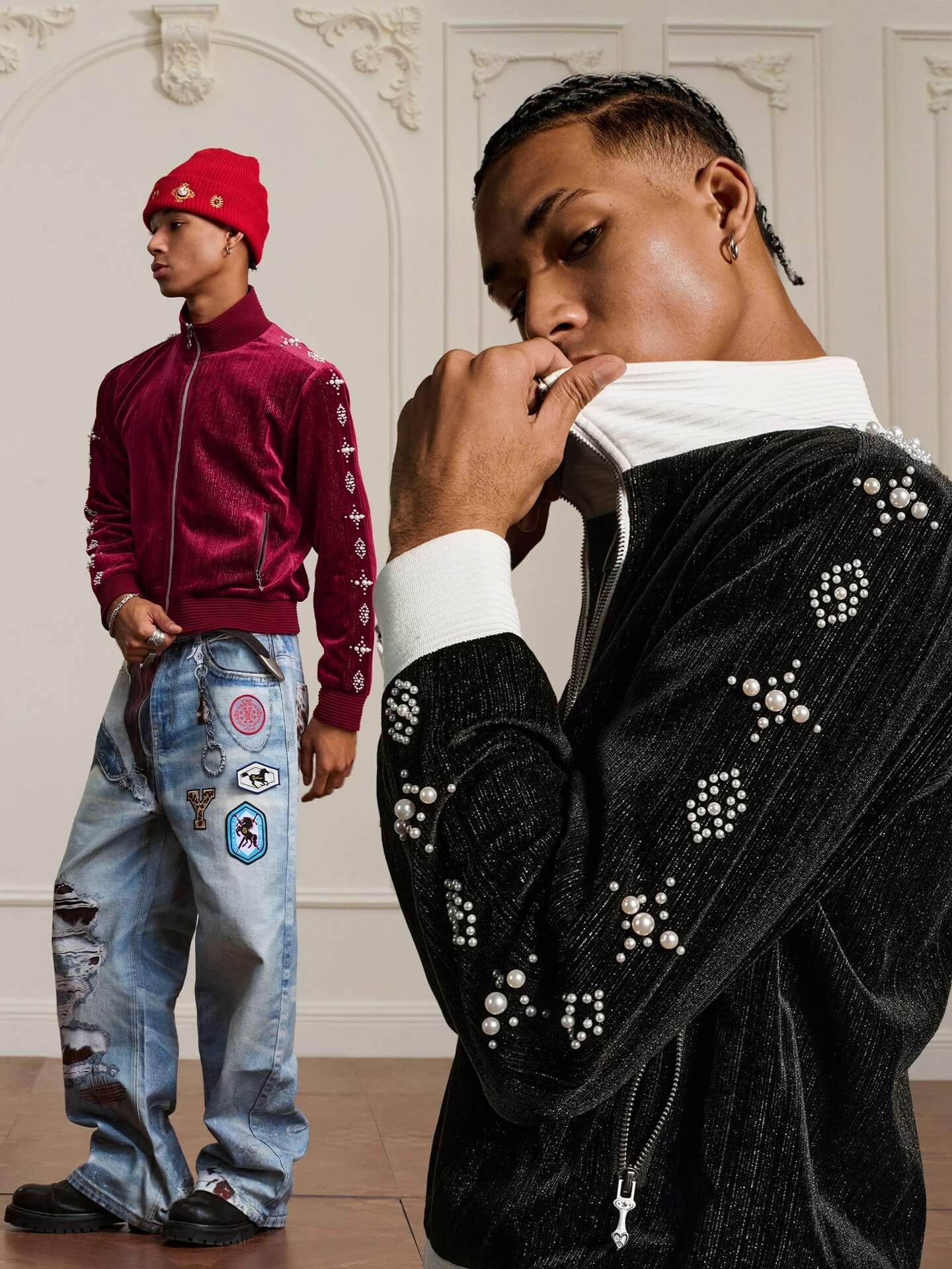 YADcrew Silver Thread Velvet Pearl Track Jacket