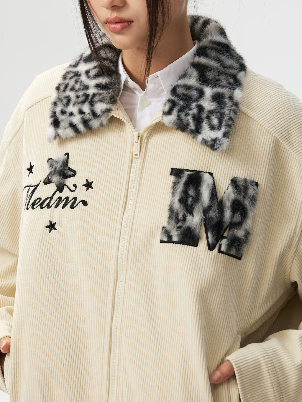 MEDM Leopard Fur Collar Corduroy Jacket