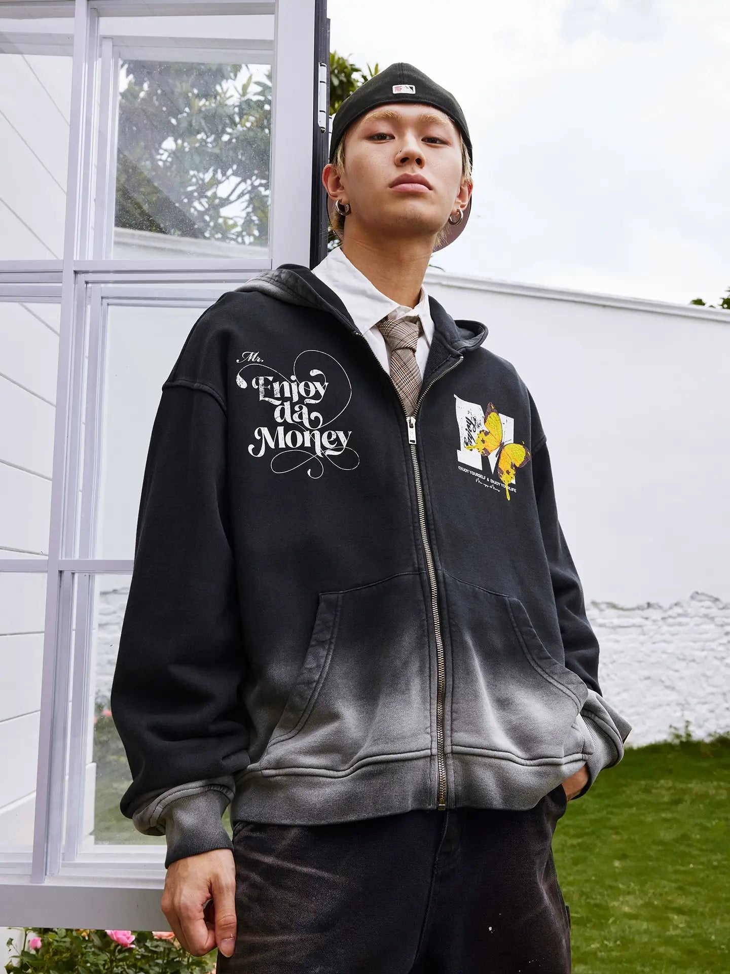 MEDM Washed Angel Butterfly Print Zip Up Hoodie