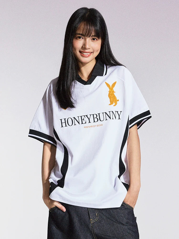 Remedy HONEYBUNNY Rabbit Embroidered Soccer Jersey Polo Shirt