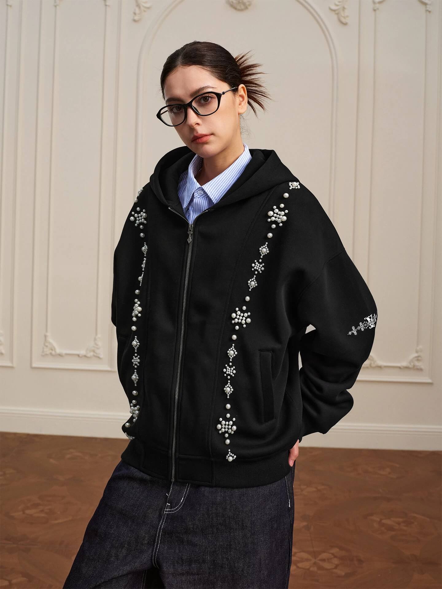 YADcrew Star Track Pearl Zip Up Hoodie