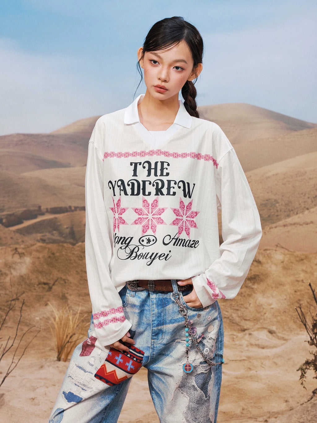 YADcrew Ethnic Pattern Long Sleeve Polo Jersey