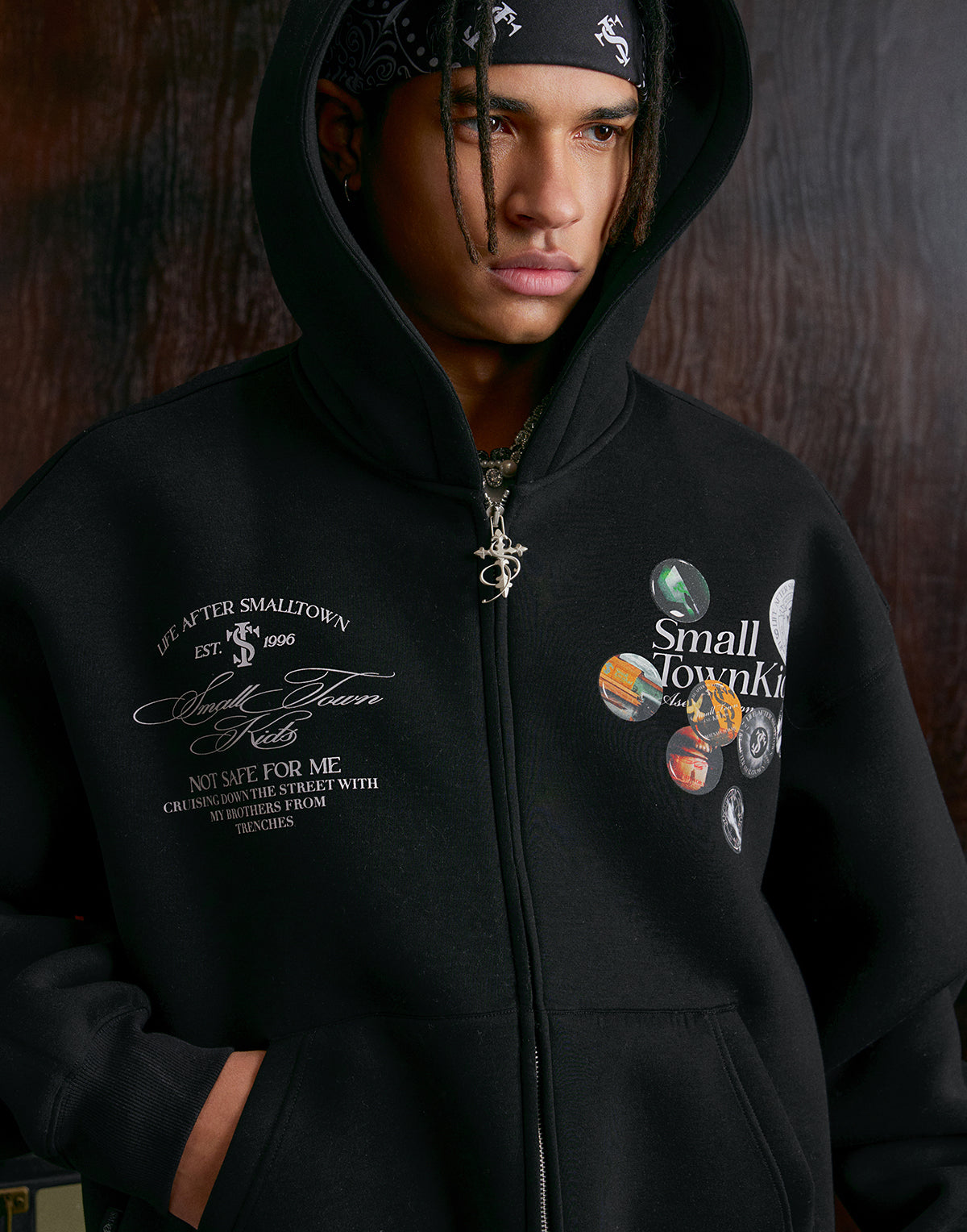 Small Town Kid Badge Logo Print Zip Up Hoodie