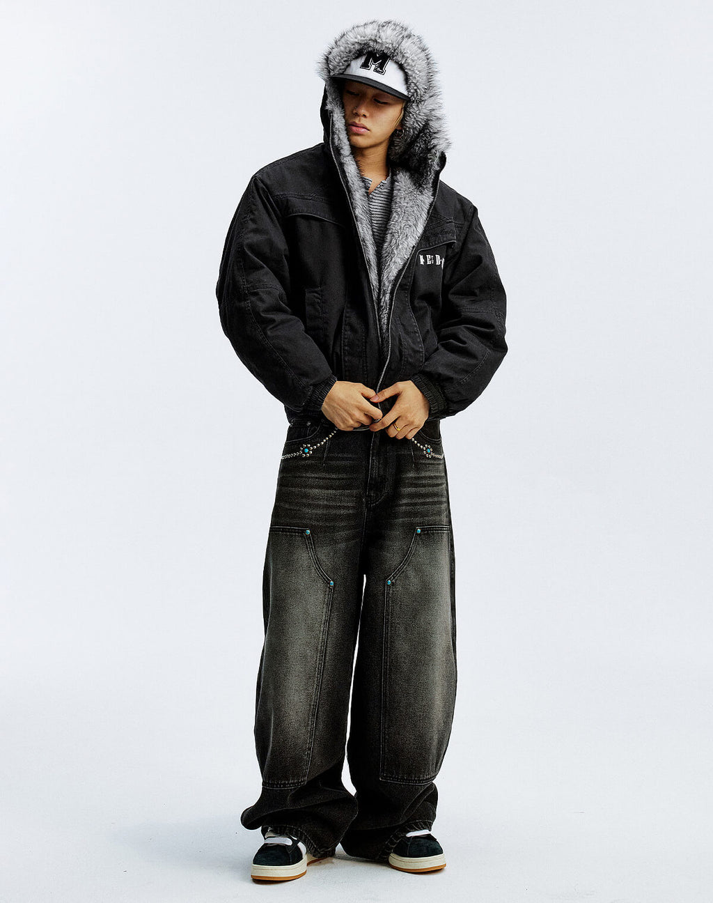 MEDM Fur Lined Washed Work Hooded Jacket
