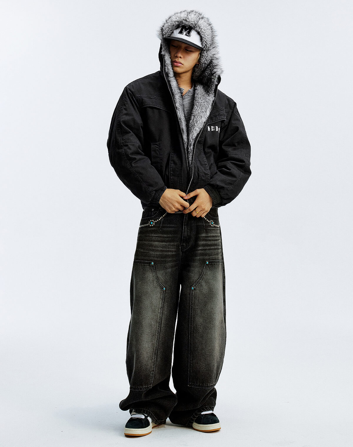 MEDM Fur Lined Washed Work Hooded Jacket