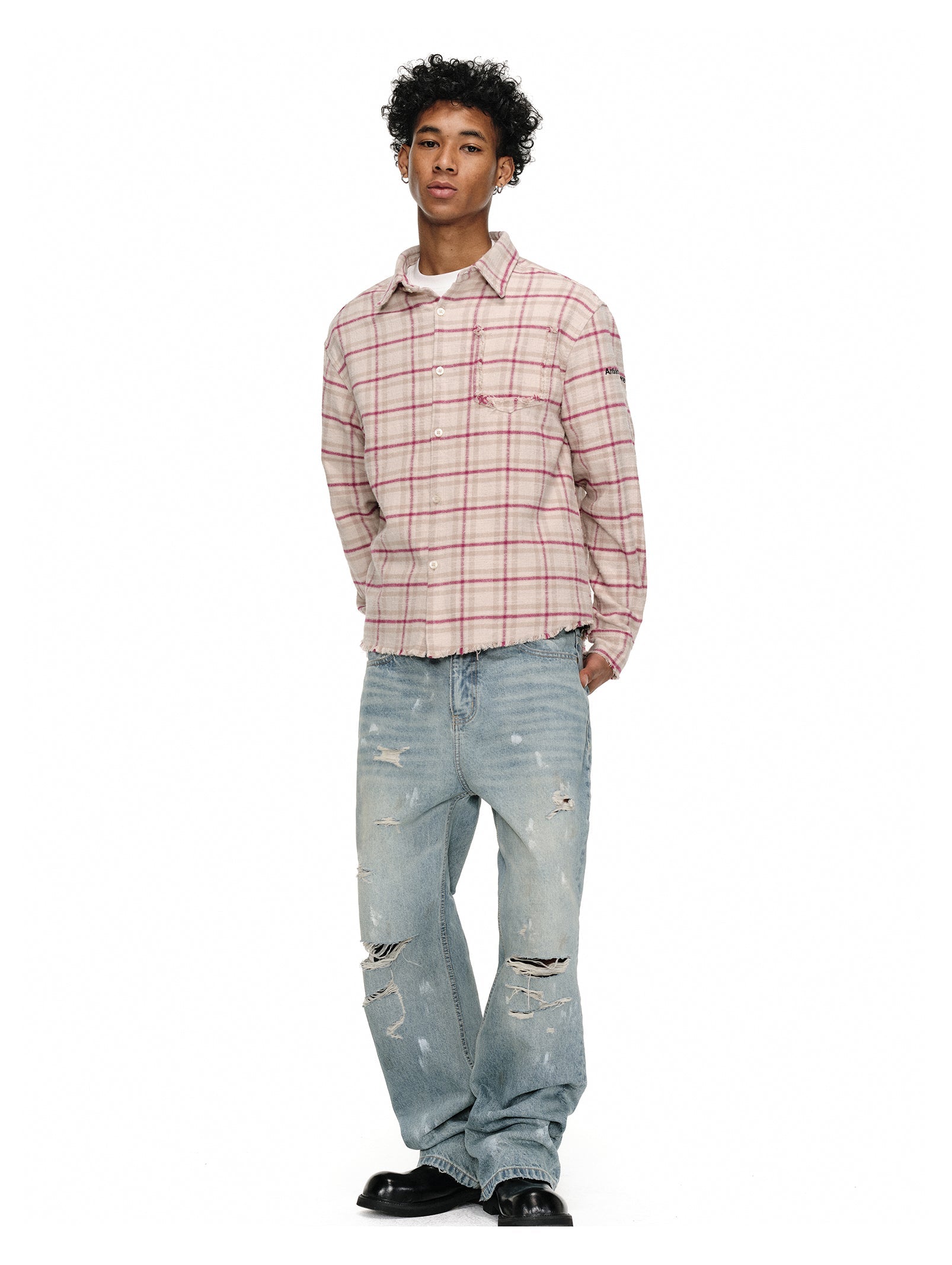 ANTIDOTE Destroyed Plaid Long-Sleeve Shirt